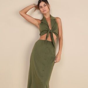 Lulus Composed Personality Olive Green Button-front Midi Skirt - Size S
